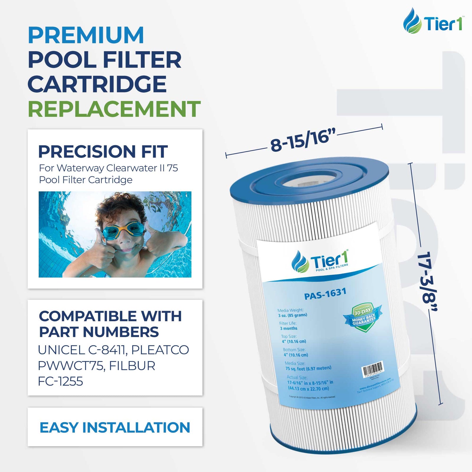 Tier1 Waterway Clearwater 817-0075N Comparable Pool and Spa Filter Replacement