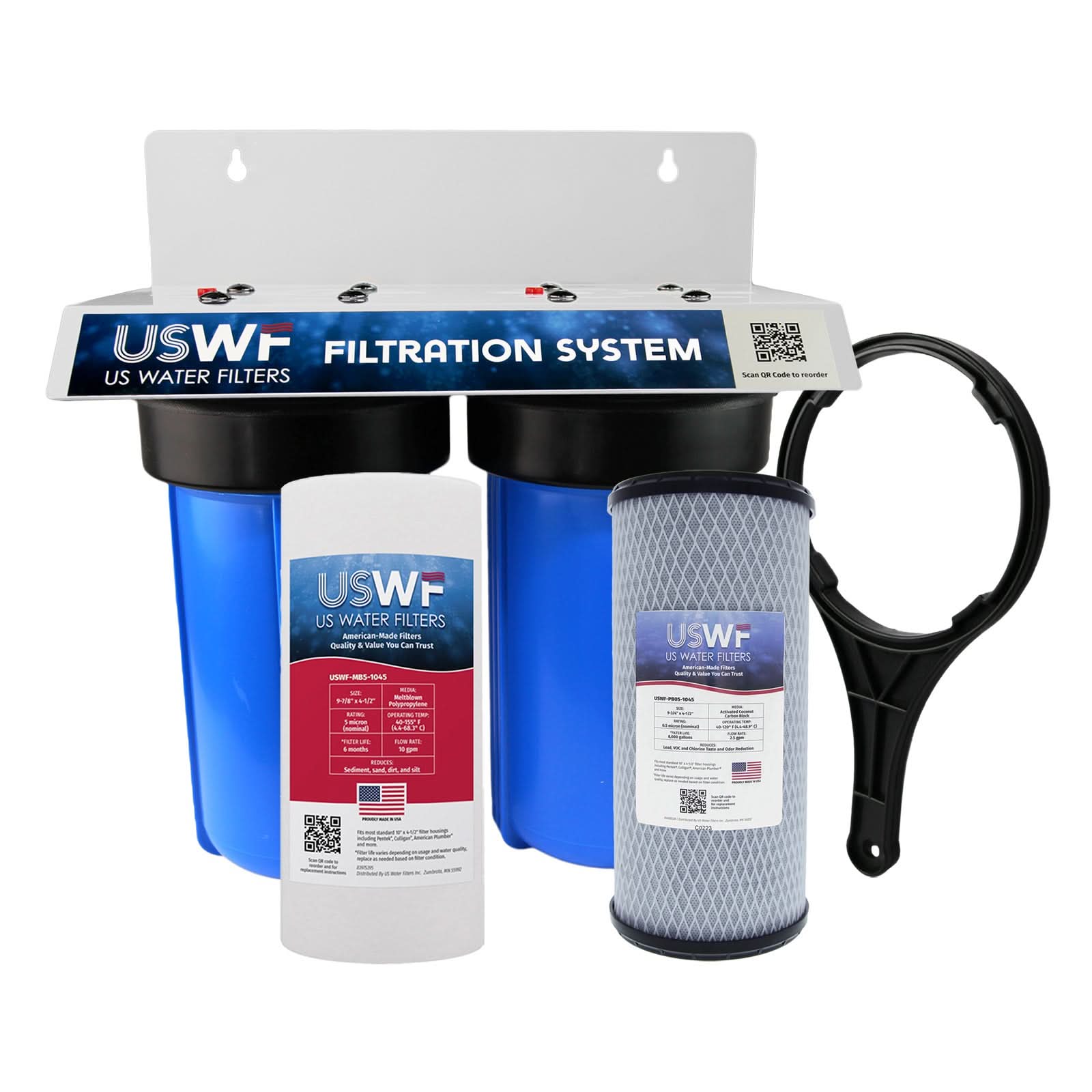 USWF Lead Dual 10" 2-Stage Filtration System, Sediment & 10" 0.5 Micron Lead Carbon Block filters, 1" Inlet/Outlet