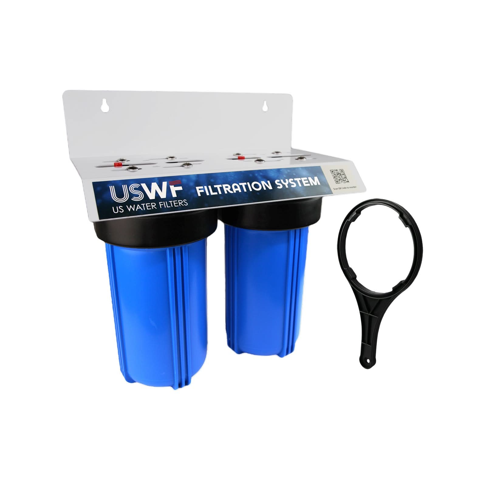 USWF 2-Stage 10" Double Big Blue Heavy Duty Whole House Filter Housing, 3/4" NPT Inlet/Outlet, Includes Mounting Bracket & Wrench