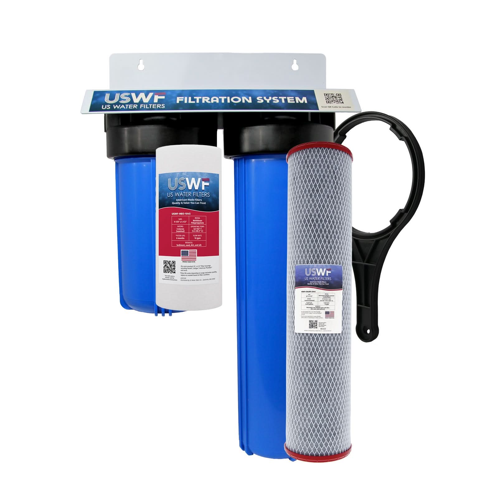 USWF Chloramine 10"+20" 2-Stage Filtration System, Sediment & Chloramine Carbon Block filters, 1" Inlet/Outlet - WaterFilters.NET