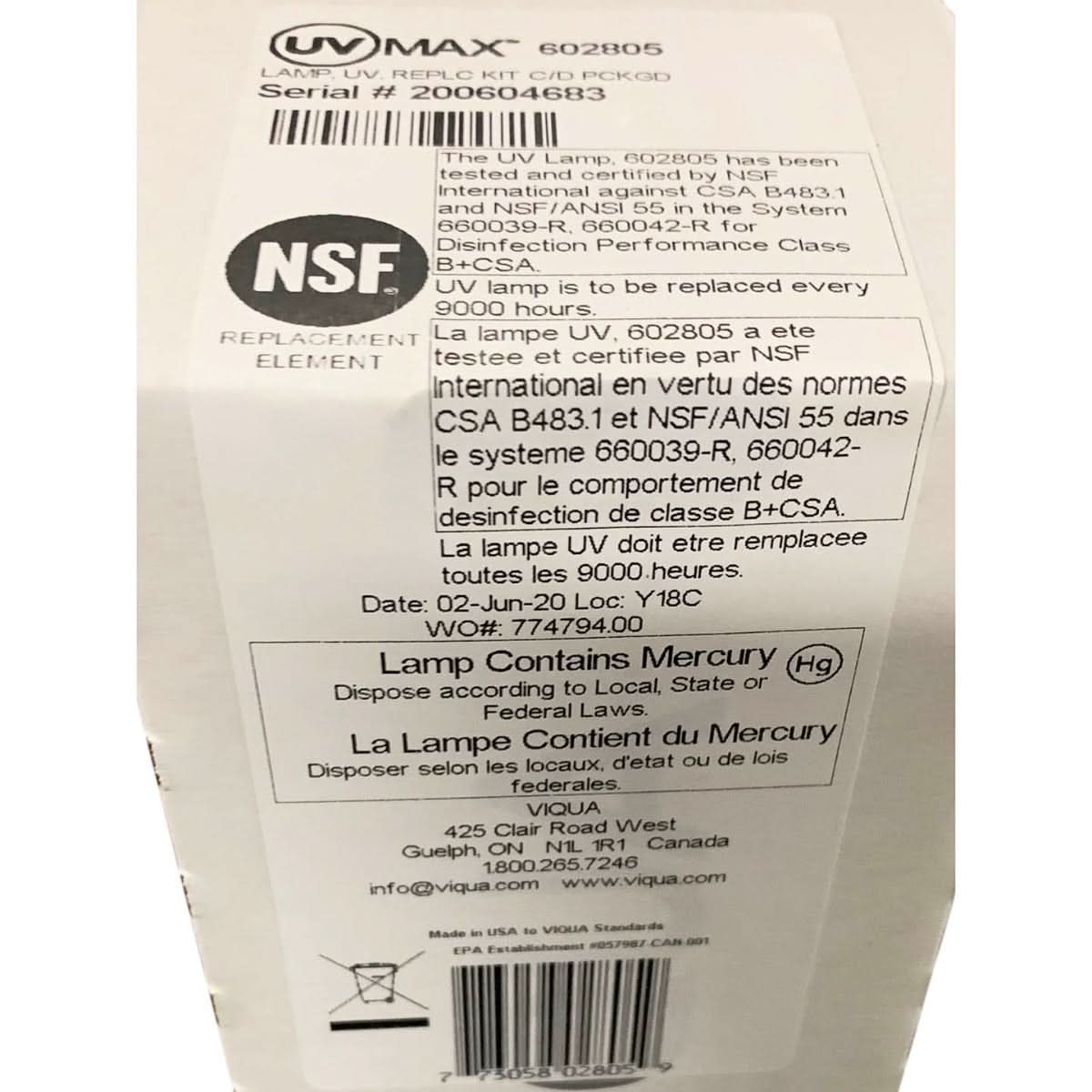 602805 Water Disinfection System UV Lamp by Viqua - WaterFilters.NET