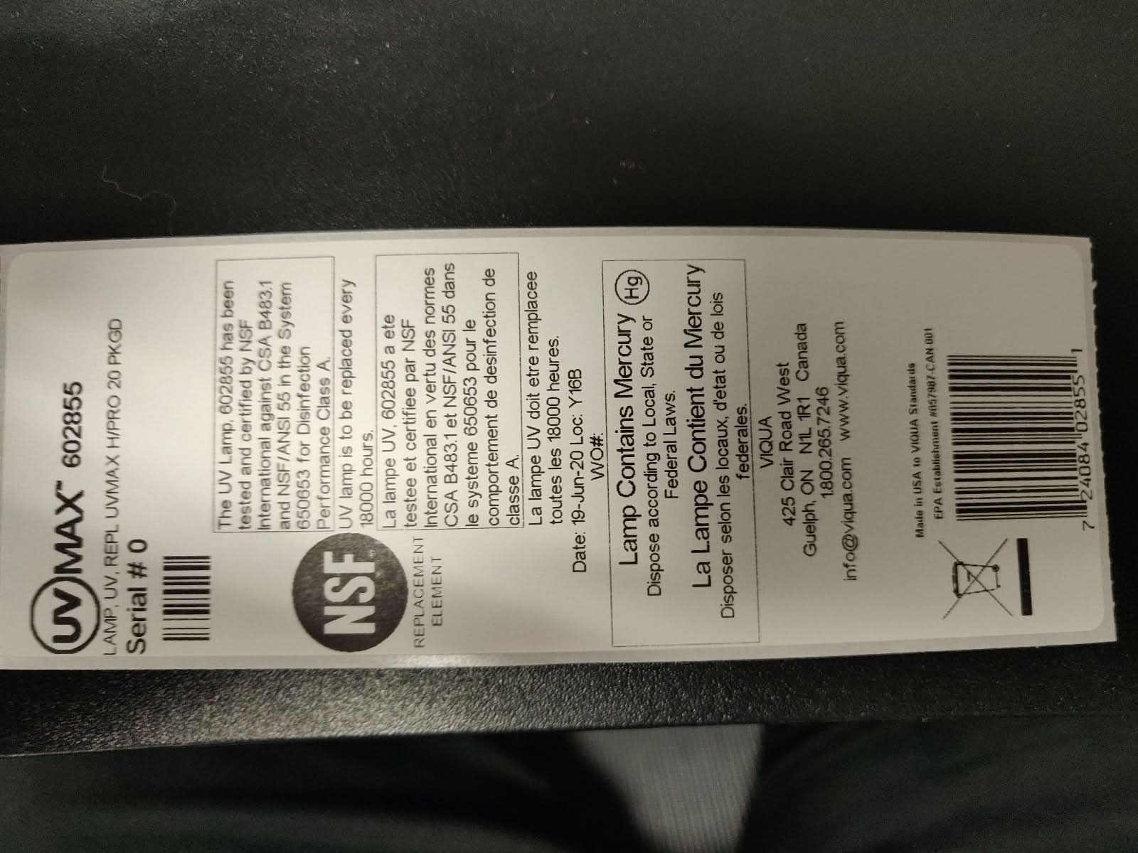 602855 Water Disinfection System UV Lamp by Viqua - WaterFilters.NET