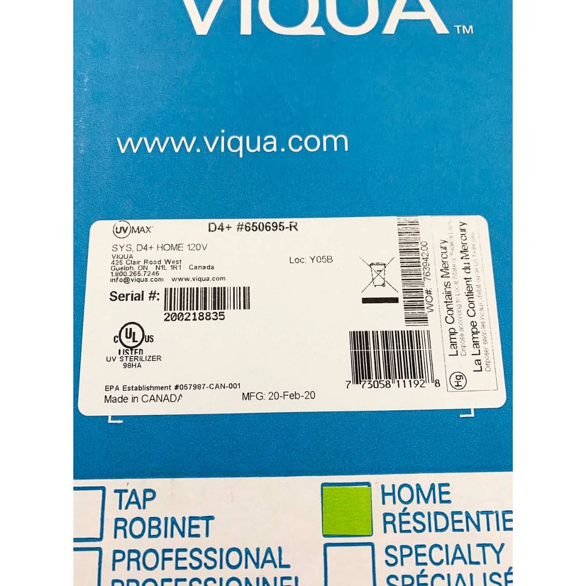 650695-R D4+ Home Plus UltraViolet Water Disinfection System by Viqua - WaterFilters.NET