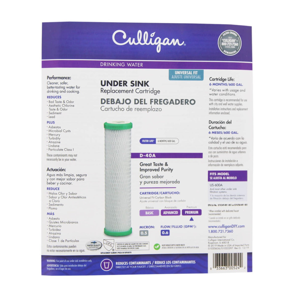 Culligan D-40A Under Sink Replacement Water Filter