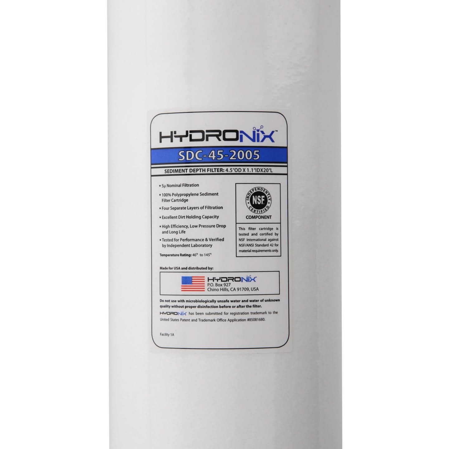 SDC-45-2005 Hydronix Whole House Replacement Sediment Filter Cartridge (Label Close Up)