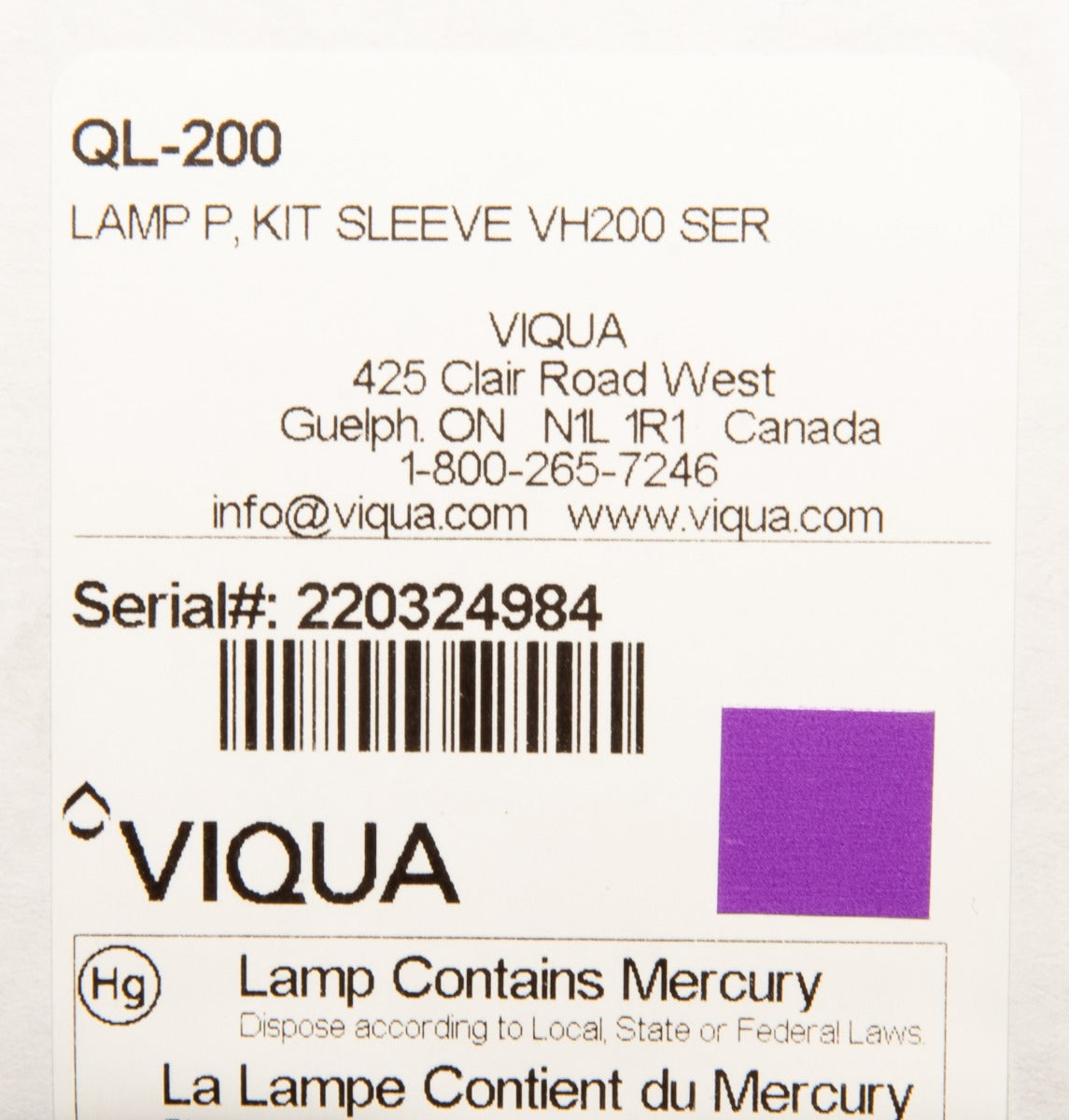 Viqua QL-200 Replacement Lamp and Quartz Sleeve for VH200