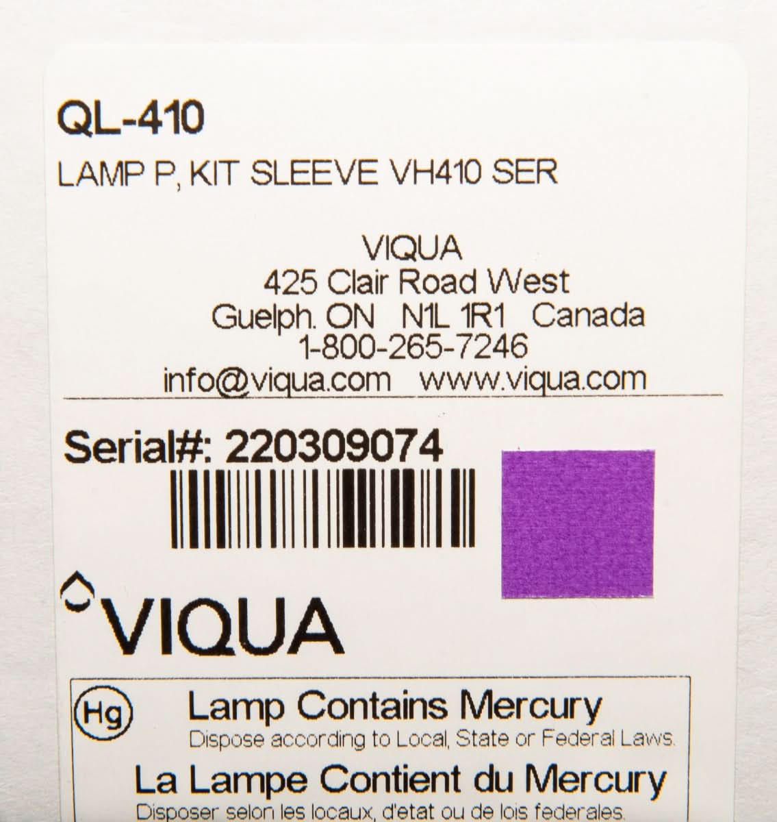 Viqua QL-410 Replacement UV Lamp and Quartz Sleeve for VH410 - WaterFilters.NET