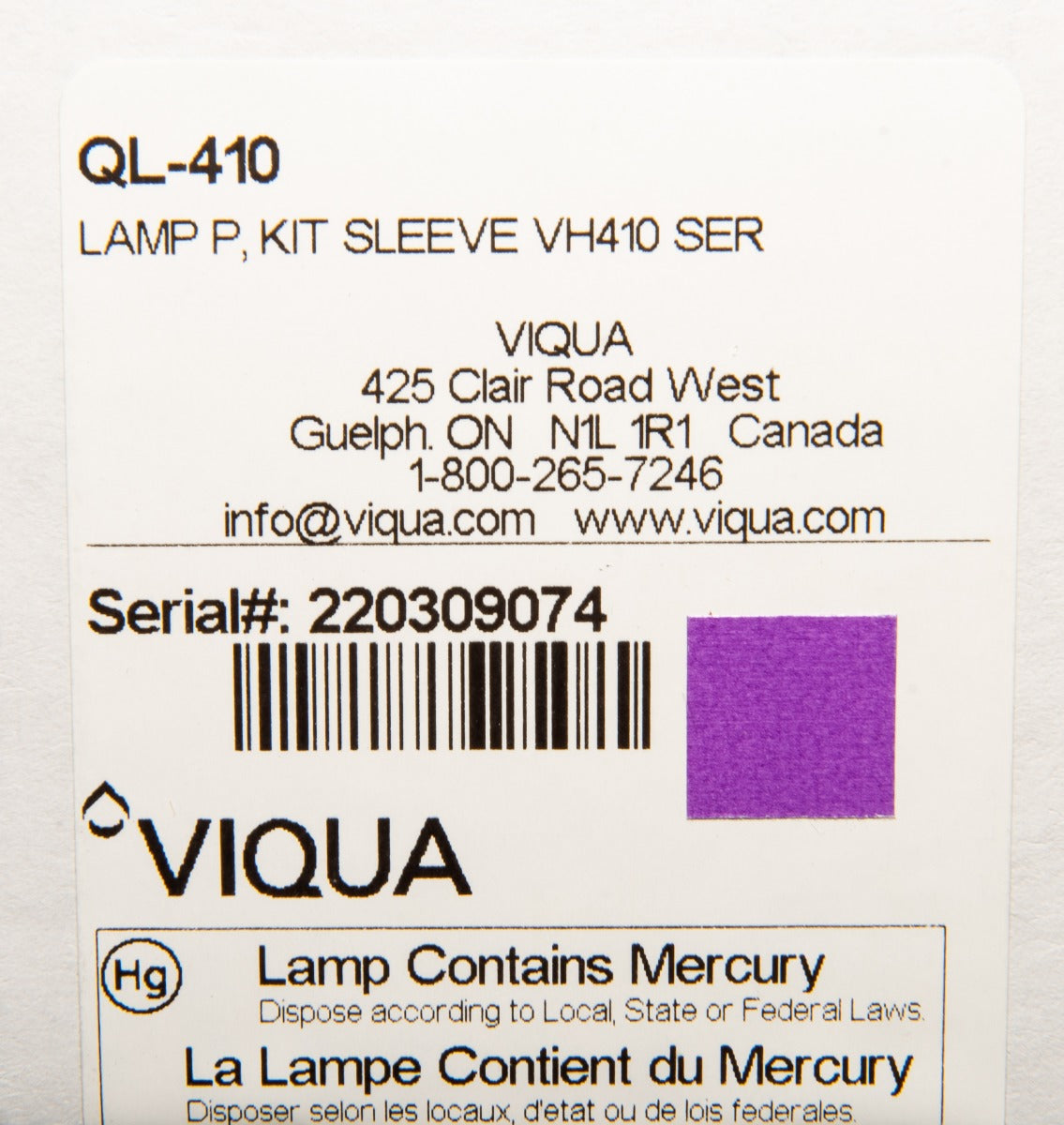 Viqua QL-410 Replacement UV Lamp and Quartz Sleeve for VH410