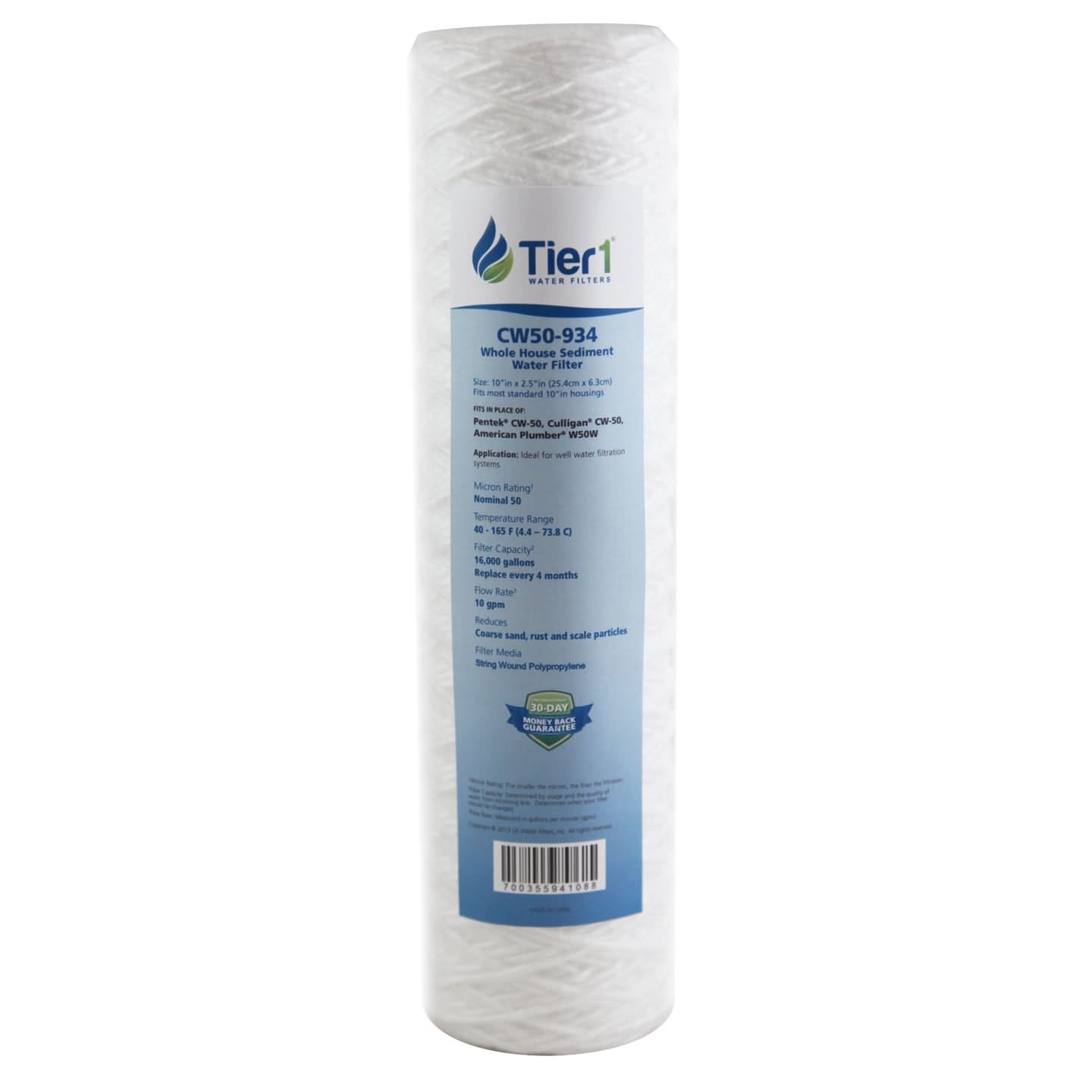 10 X 2.5 String Wound Polypropylene Replacement Filter by Tier1 (50 micron) - WaterFilters.NET