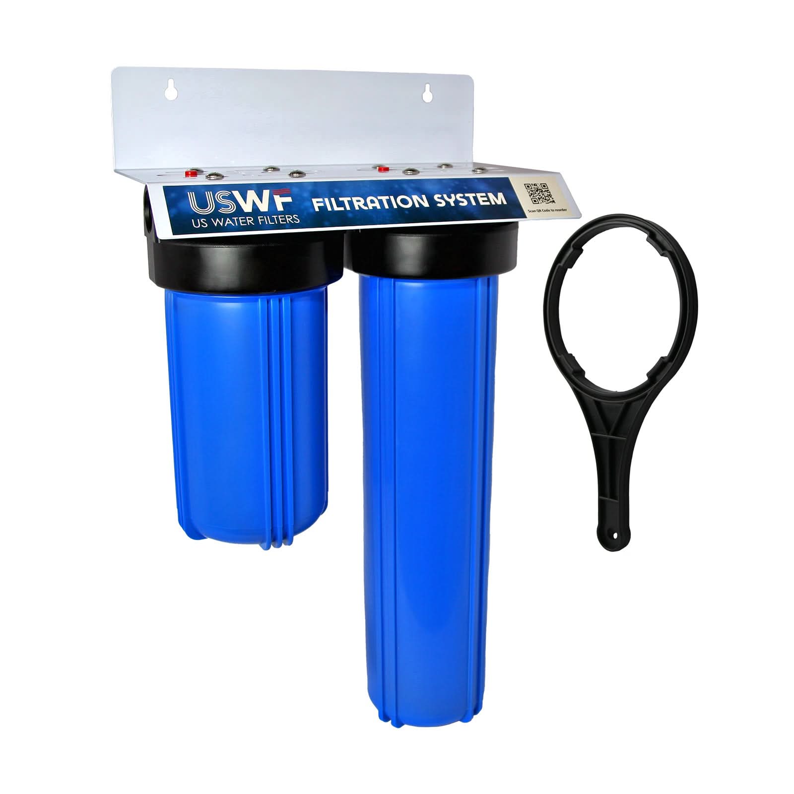 Two-Stage Big Blue 4.5"x10" & 20" Filter Housing by USWF, 3/4" Inlet/Outlet, w/mounting bracket & wrench - WaterFilters.NET