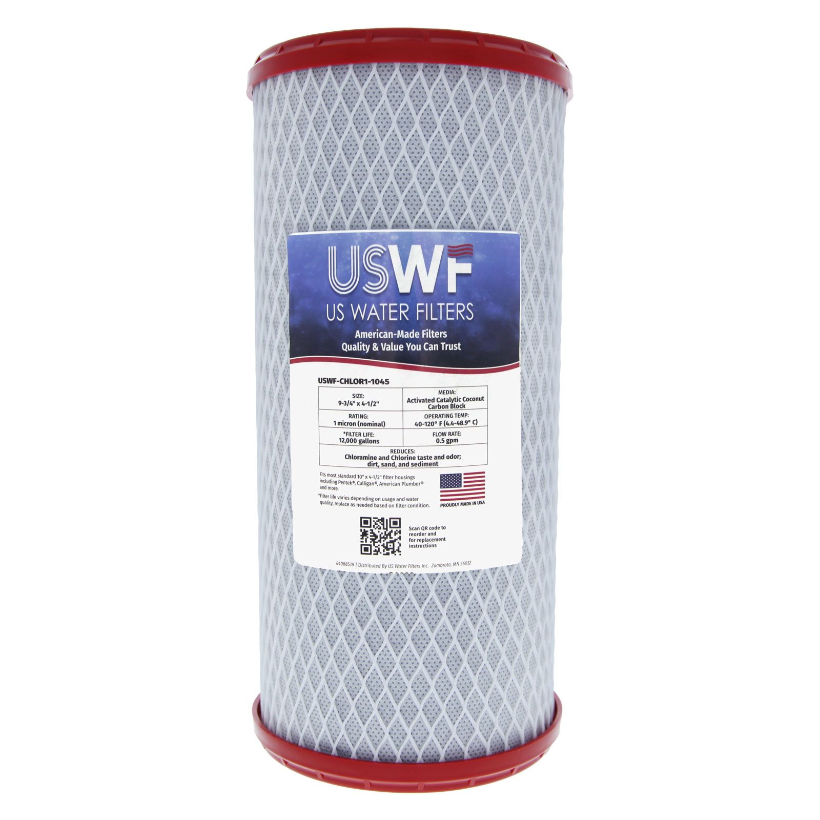 Chloramine Reducing Filter by USWF Catalytic Carbon Block 1 Micron 10"x4.5"