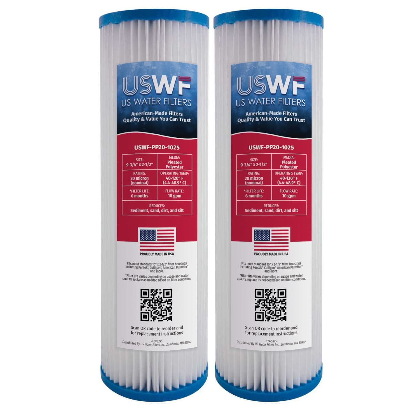 20 Micron Pleated Polyester Sediment Filter by USWF 10"x2.5" - WaterFilters.NET