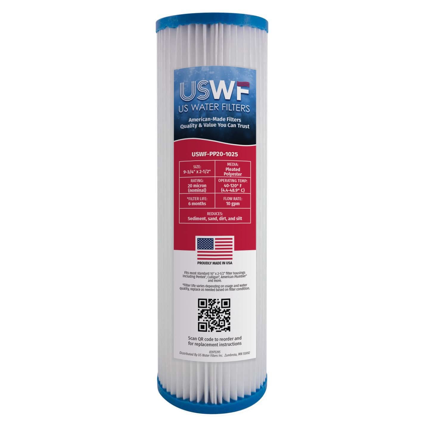 20 Micron Pleated Polyester Sediment Filter by USWF 10"x2.5" - WaterFilters.NET