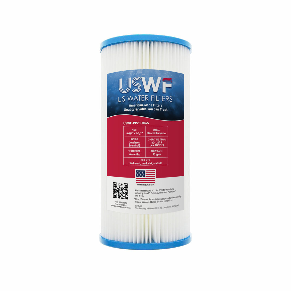 20 Micron Pleated Polyester Sediment Filter by USWF 10&quot;x4.5&quot;