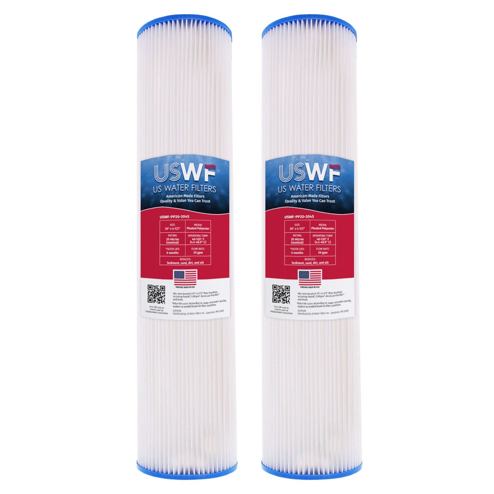 20 Micron Pleated Polyester Sediment Filter by USWF 20"x4.5" - WaterFilters.NET