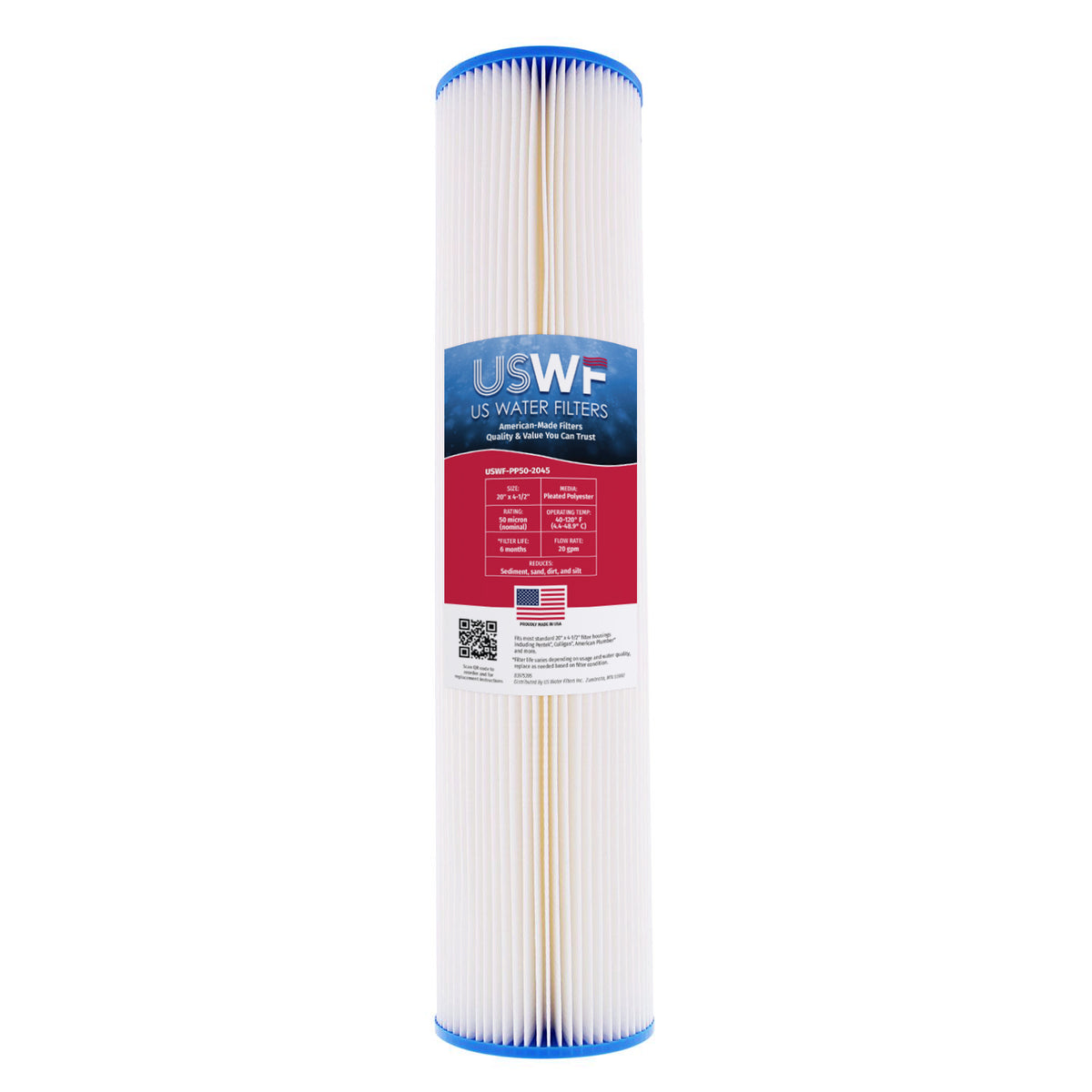 50 Micron Pleated Polyester Sediment Filter by USWF 20&quot;x4.5&quot;
