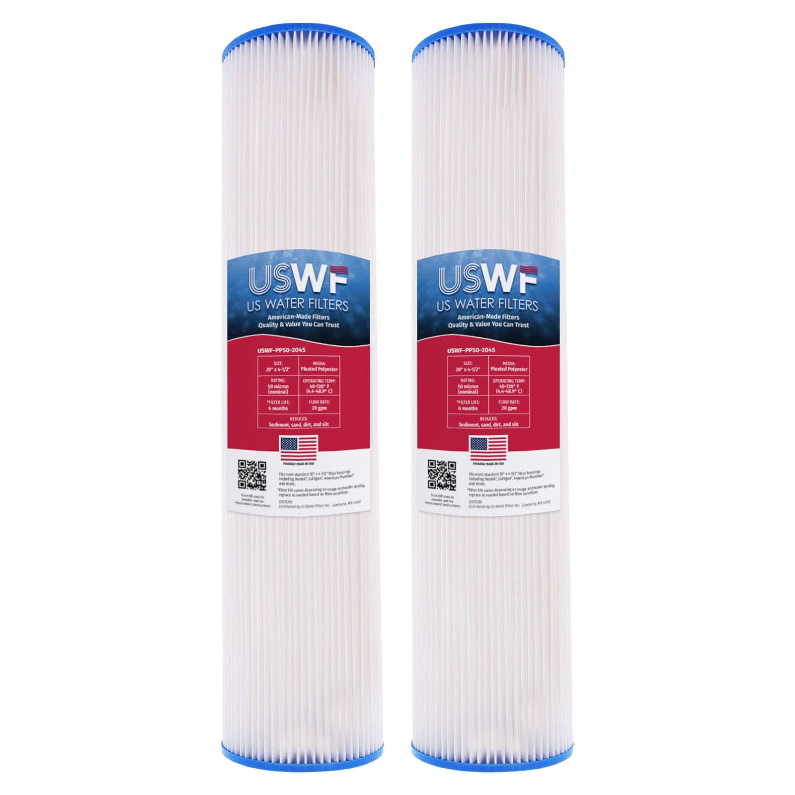 50 Micron Pleated Polyester Sediment Filter by USWF 20"x4.5" - WaterFilters.NET