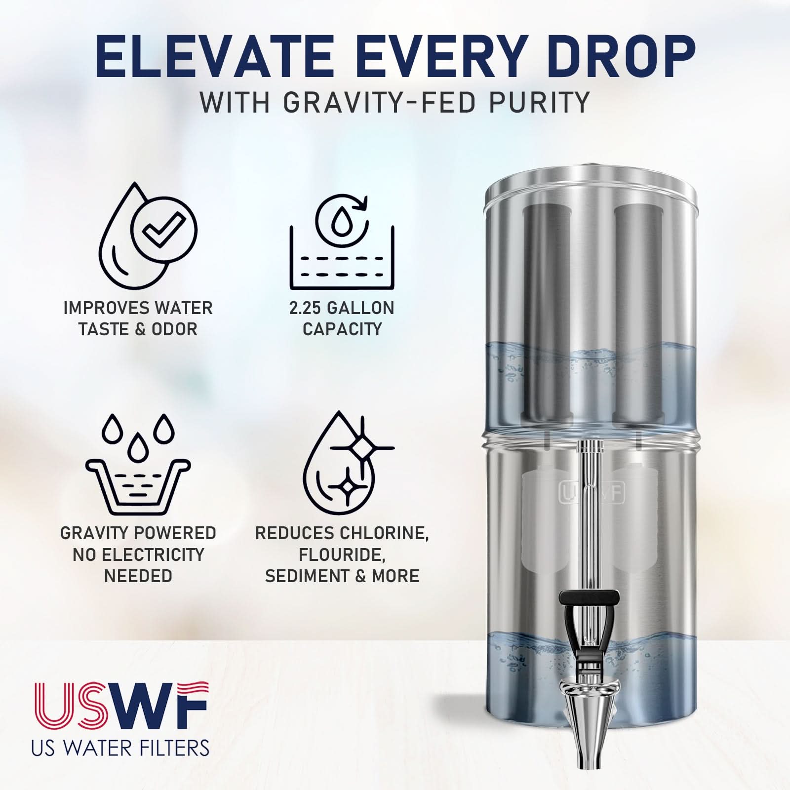 USWF 2.25 Gallon Stainless Steel Gravity Fed Filter System With Fluoride Filtration - WaterFilters.NET