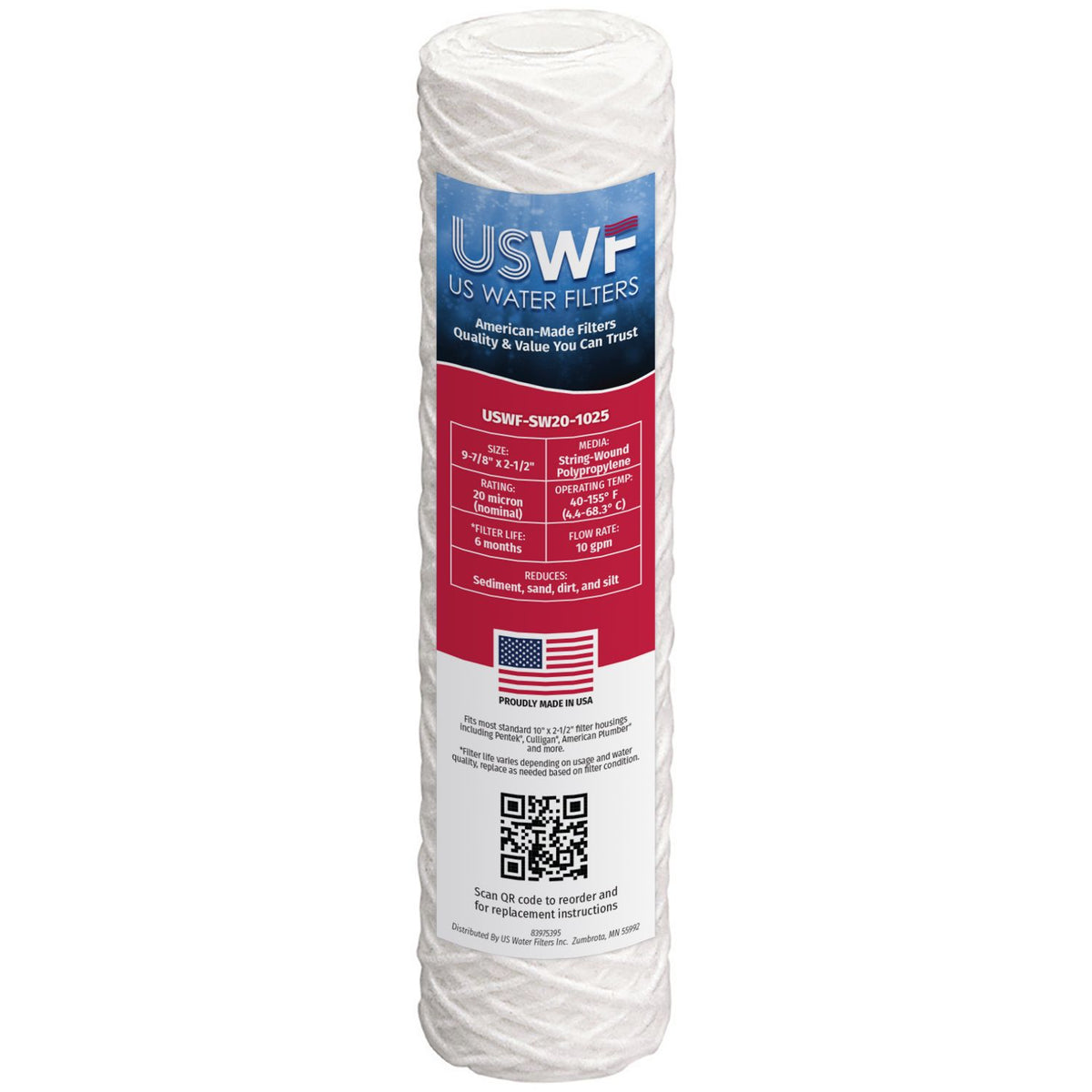 20 Micron String Wound Sediment Filter by USWF 10&quot;x2.5&quot;
