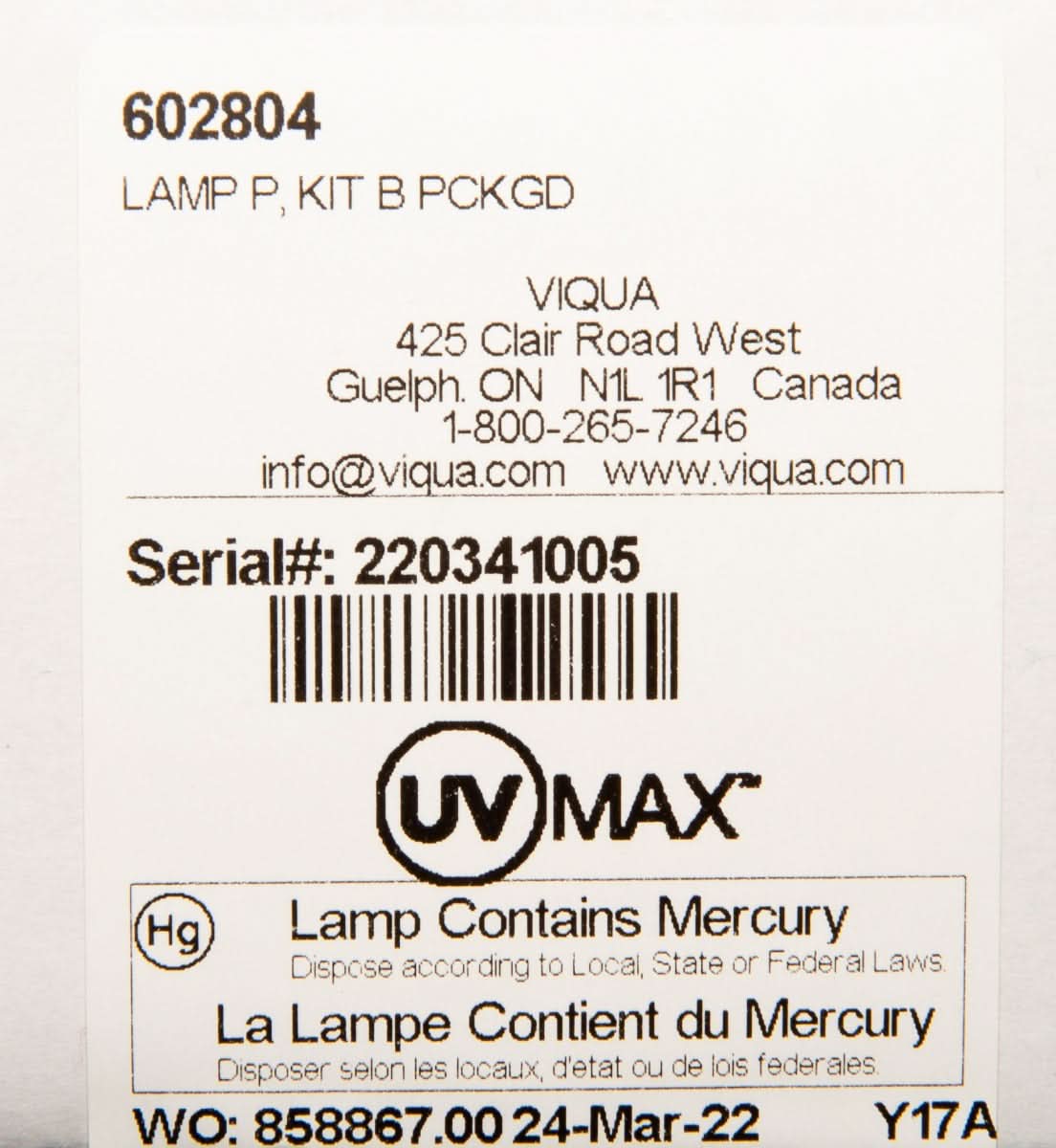 Viqua Ultraviolet Lamp UV-MAX-602804 - WaterFilters.NET