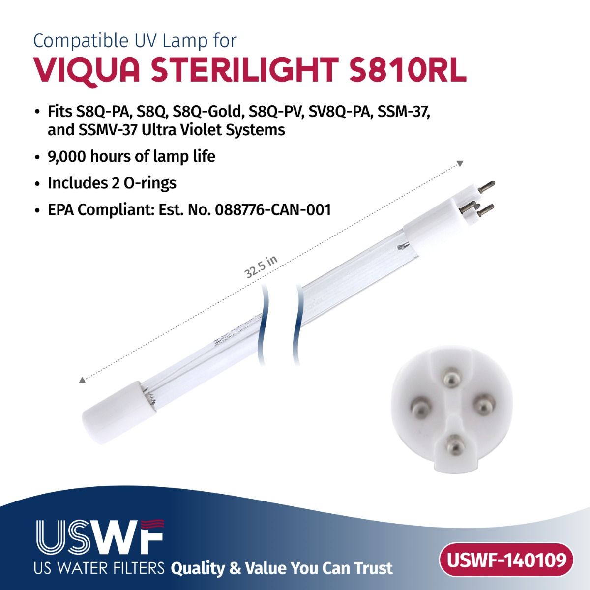 USWF Replacement For VIQUA S810-QL UV Lamp/Sleeve Combo | Fits The VIQUA S8Q, SV8Q-PA, & SSM-37 Series UV Systems