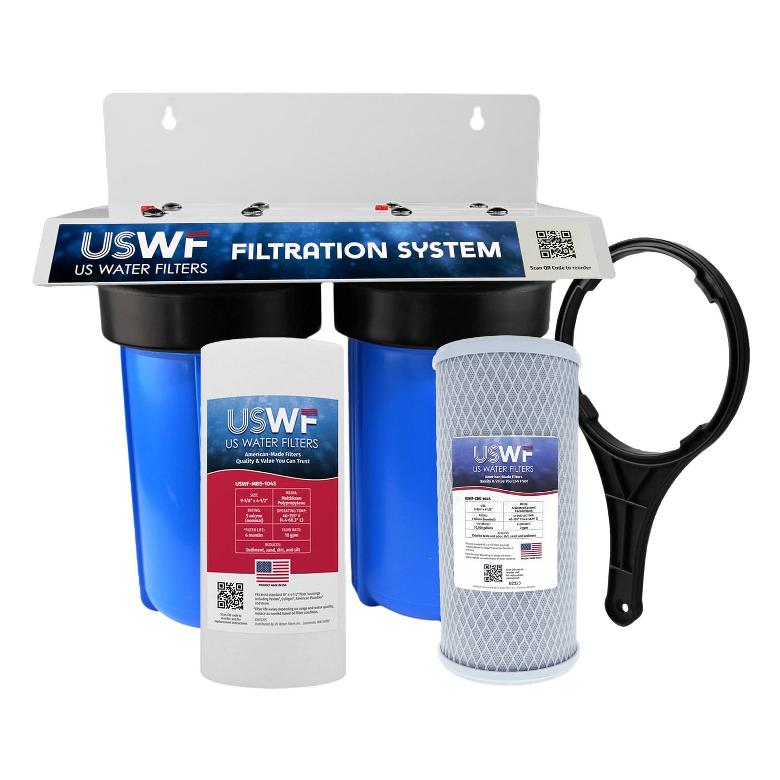 USWF CTO (Chlorine Taste & Odor) Dual 10" 2-Stage Filtration System, Sediment & CTO Carbon Block filters, 3/4" Inlet/Outlet - WaterFilters.NET