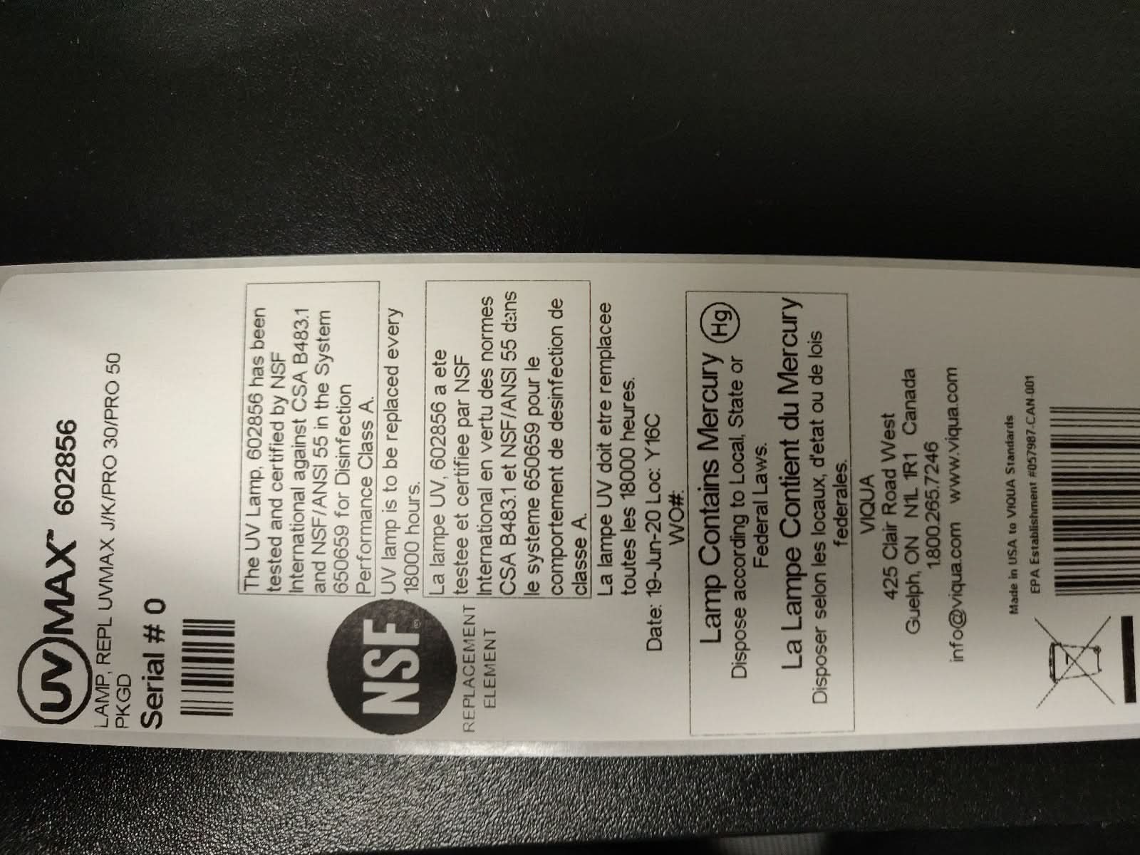 602856 Water Disinfection System UV Lamp by Viqua - WaterFilters.NET