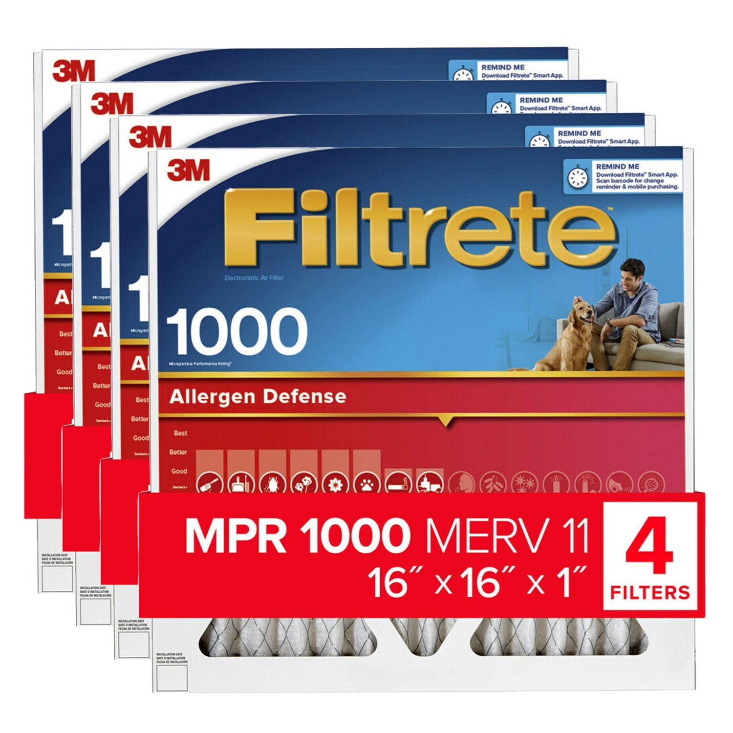 3M Filtrete 1000 Micro Allergen & Dust Defense Filter - 16x16x1 (4-Pack)