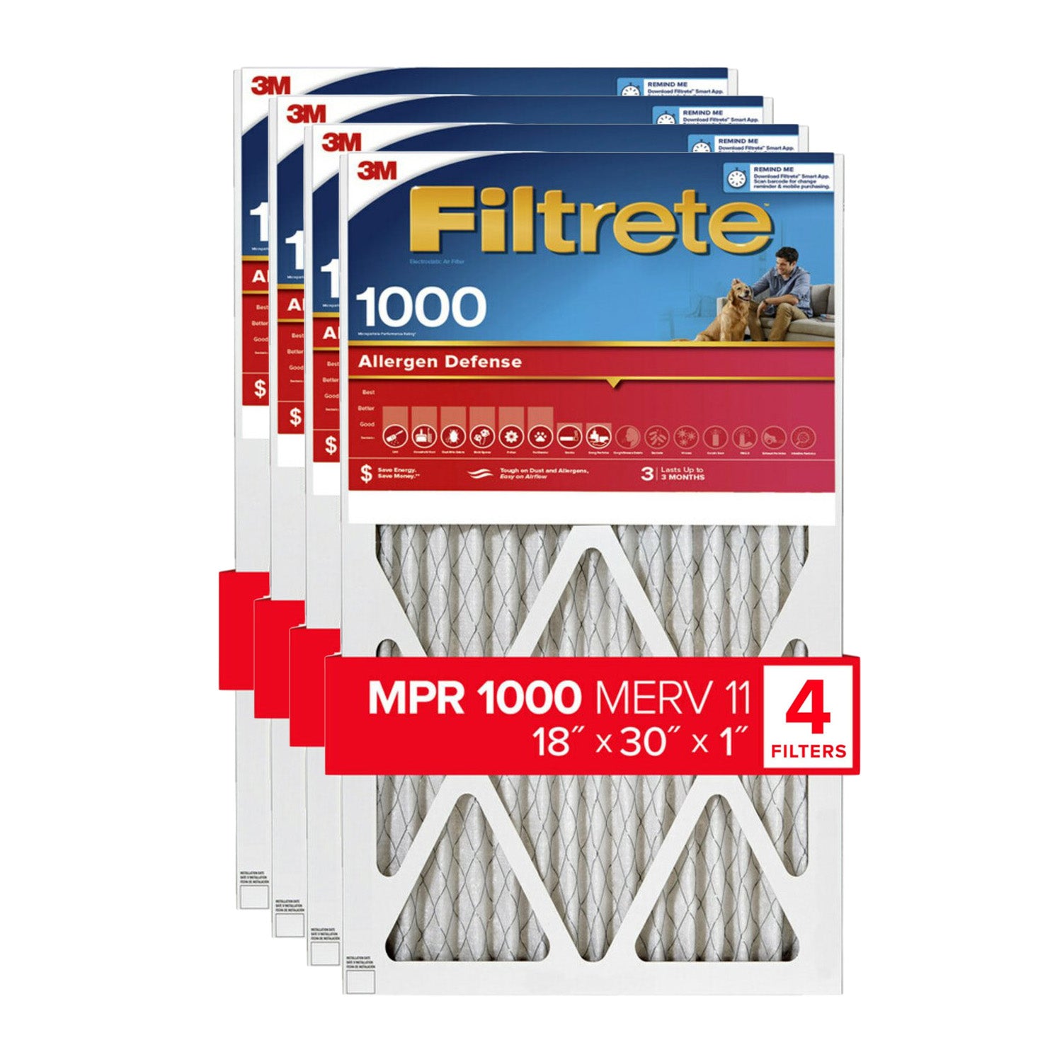 3M Filtrete 1000 Micro Allergen & Dust Defense Filter - 18x30x1 (4-Pack)