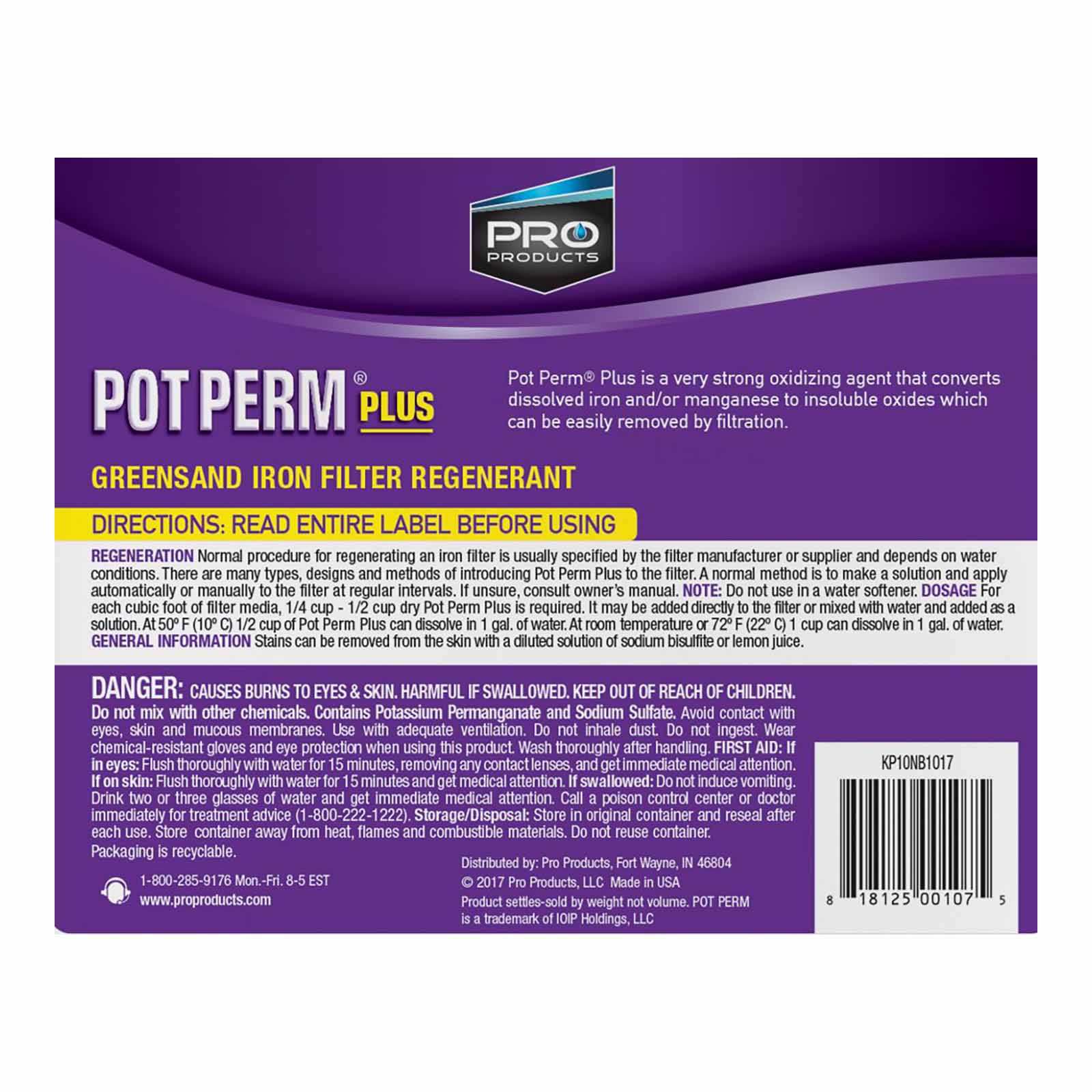 KP02N Pro Products Pot Perm Plus Greensand Iron Filter Regenerant (Back Label)
