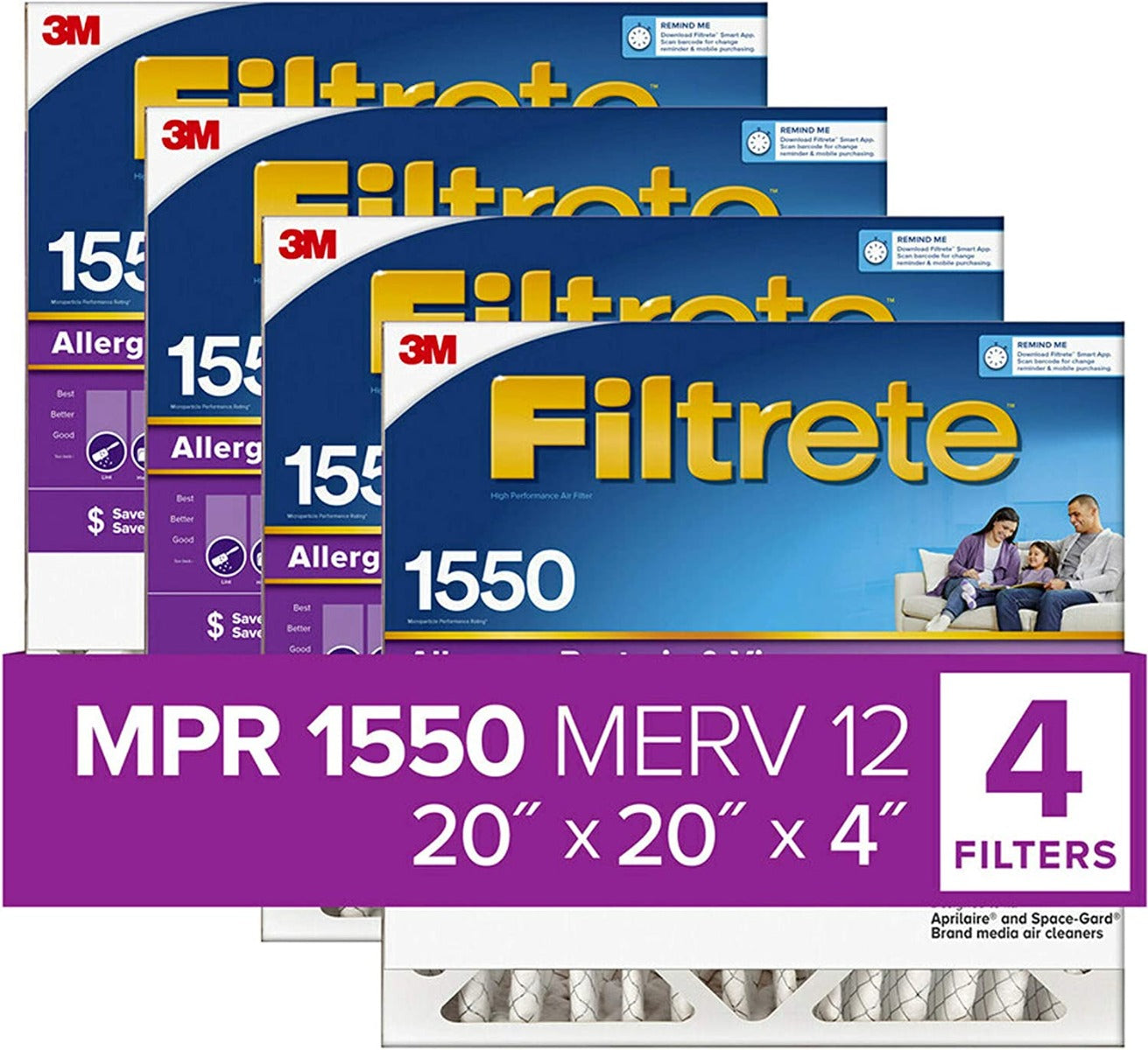 3M Filtrete 1550  Allergen Reduction Air Filters - 20x20x4 (4-Pack)