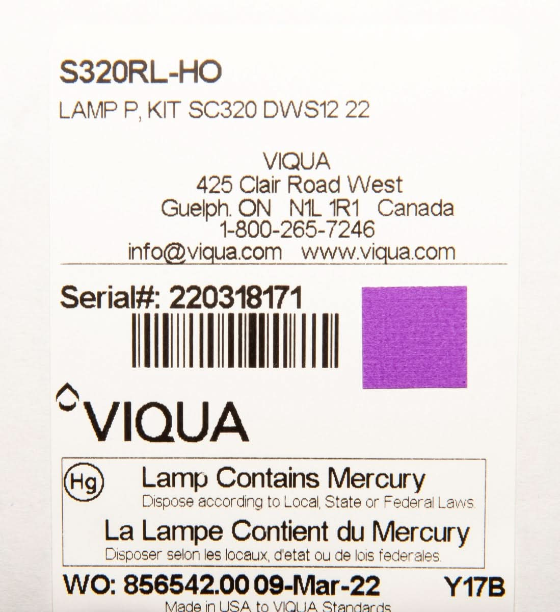 Viqua Replacement UV Lamp S320RL-HO