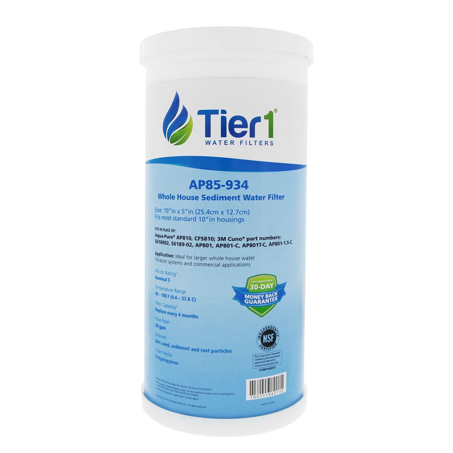 10 X 4.5 Spun Wound Polypropylene Replacement Filter by Tier1 (5 micron) - WaterFilters.NET
