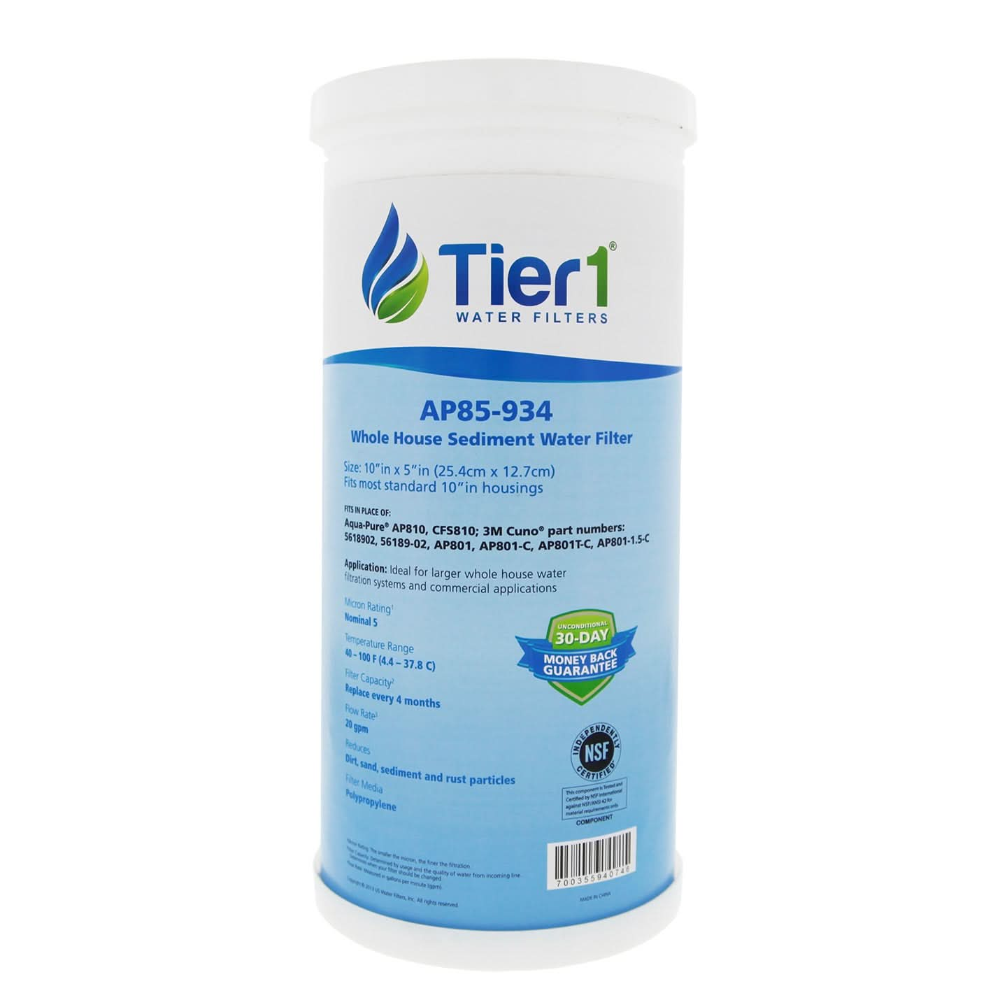 10 X 4.5 Spun Wound Polypropylene Replacement Filter by Tier1 (5 micron)