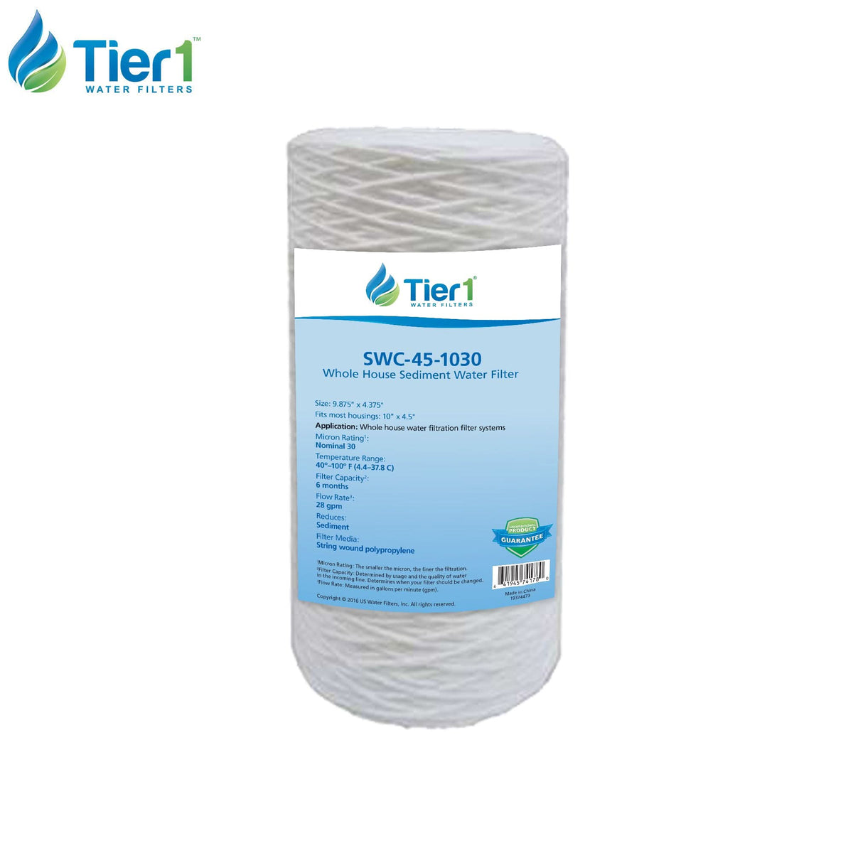 Tier1 10 inch x 4.5 inch String Wound Sediment Water Filter (30 Micron) - WaterFilters.NET