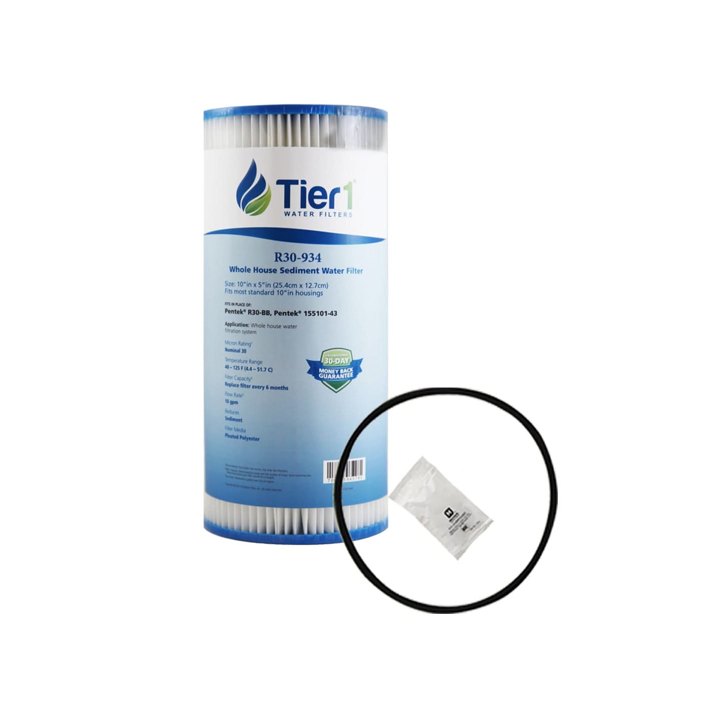 R30-BB 155101-43 Pentek Pleated Polyester Filter Cartridge Comparable Replacement Kit with O-ring and Lubricant by Tier1 (4.5 inches x 9-3/4 inches, 30 Micron)