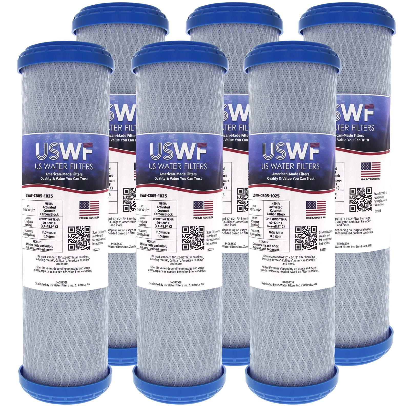 Coconut Carbon Block Filter by USWF 0.5 Micron 10"x2.5" - WaterFilters.NET