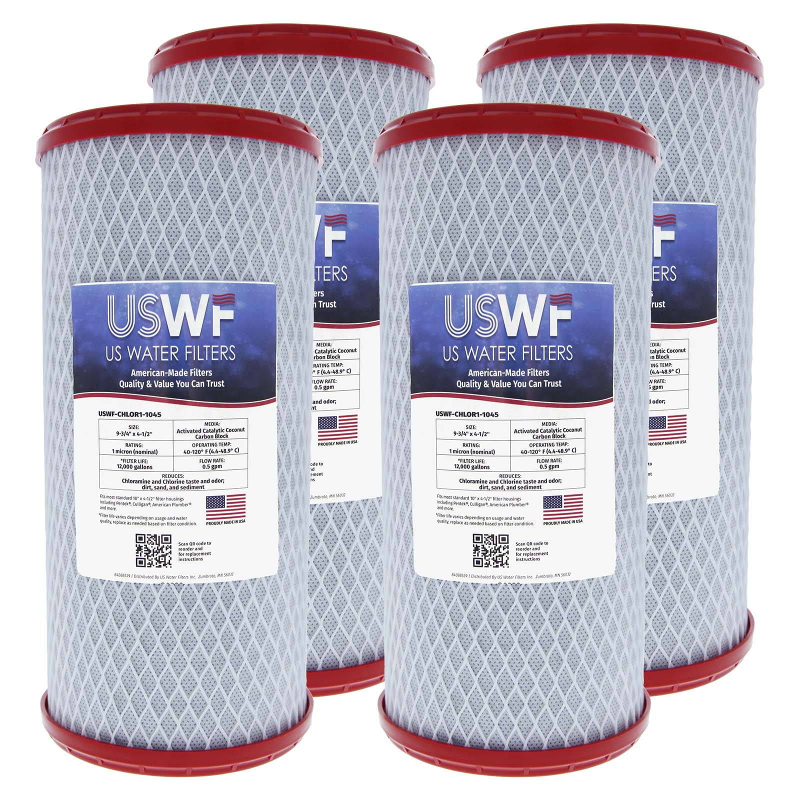 Chloramine Reducing Filter by USWF Catalytic Carbon Block 1 Micron 10"x4.5"