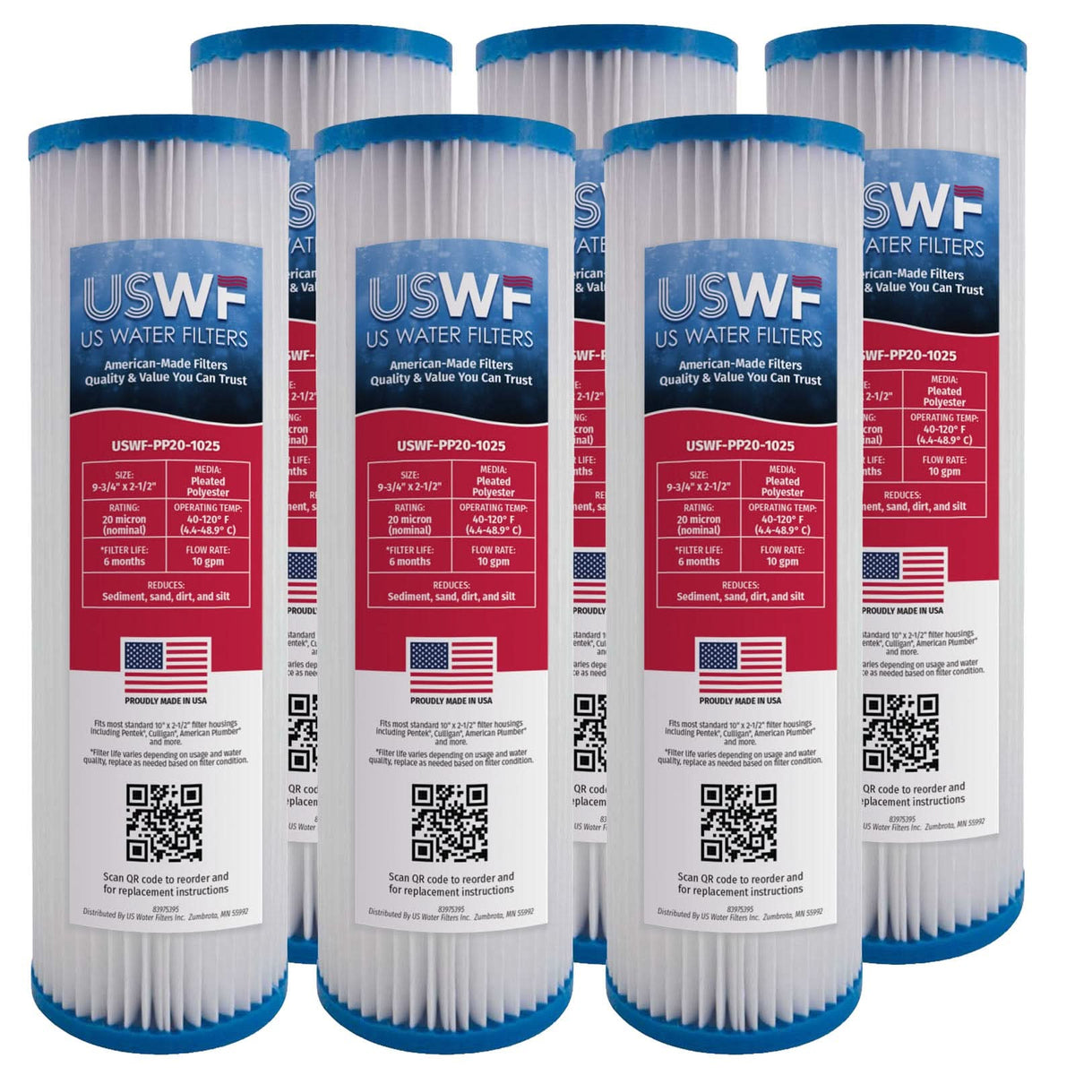 20 Micron Pleated Polyester Sediment Filter by USWF 10"x2.5" - WaterFilters.NET