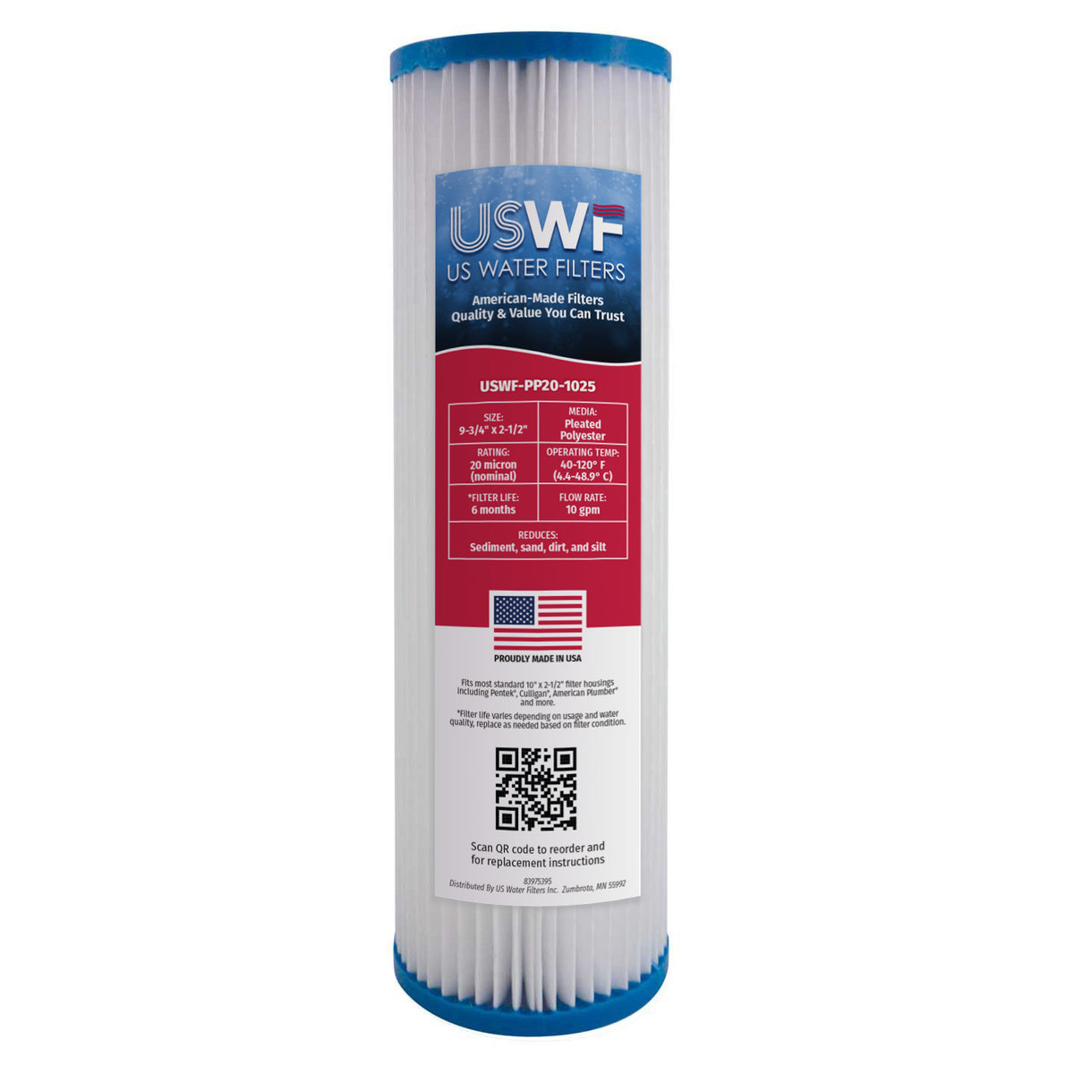 20 Micron Pleated Polyester Sediment Filter by USWF 10&quot;x2.5&quot;