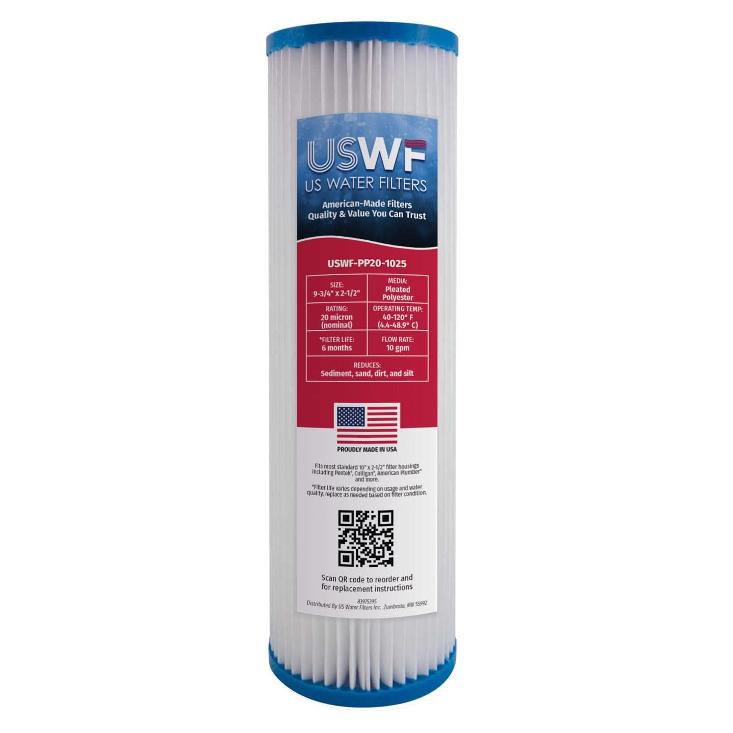 20 Micron Pleated Polyester Sediment Filter by USWF 10"x2.5"