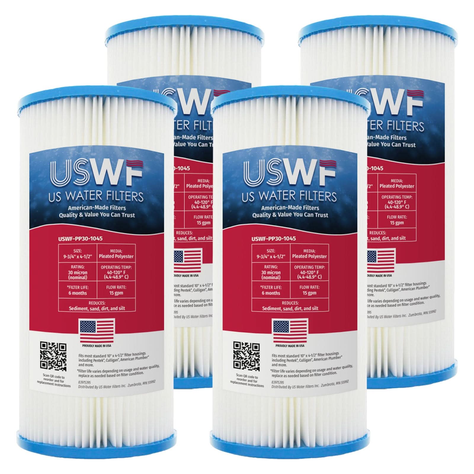 30 Micron Pleated Polyester Sediment Filter by USWF 10"x4.5" - WaterFilters.NET