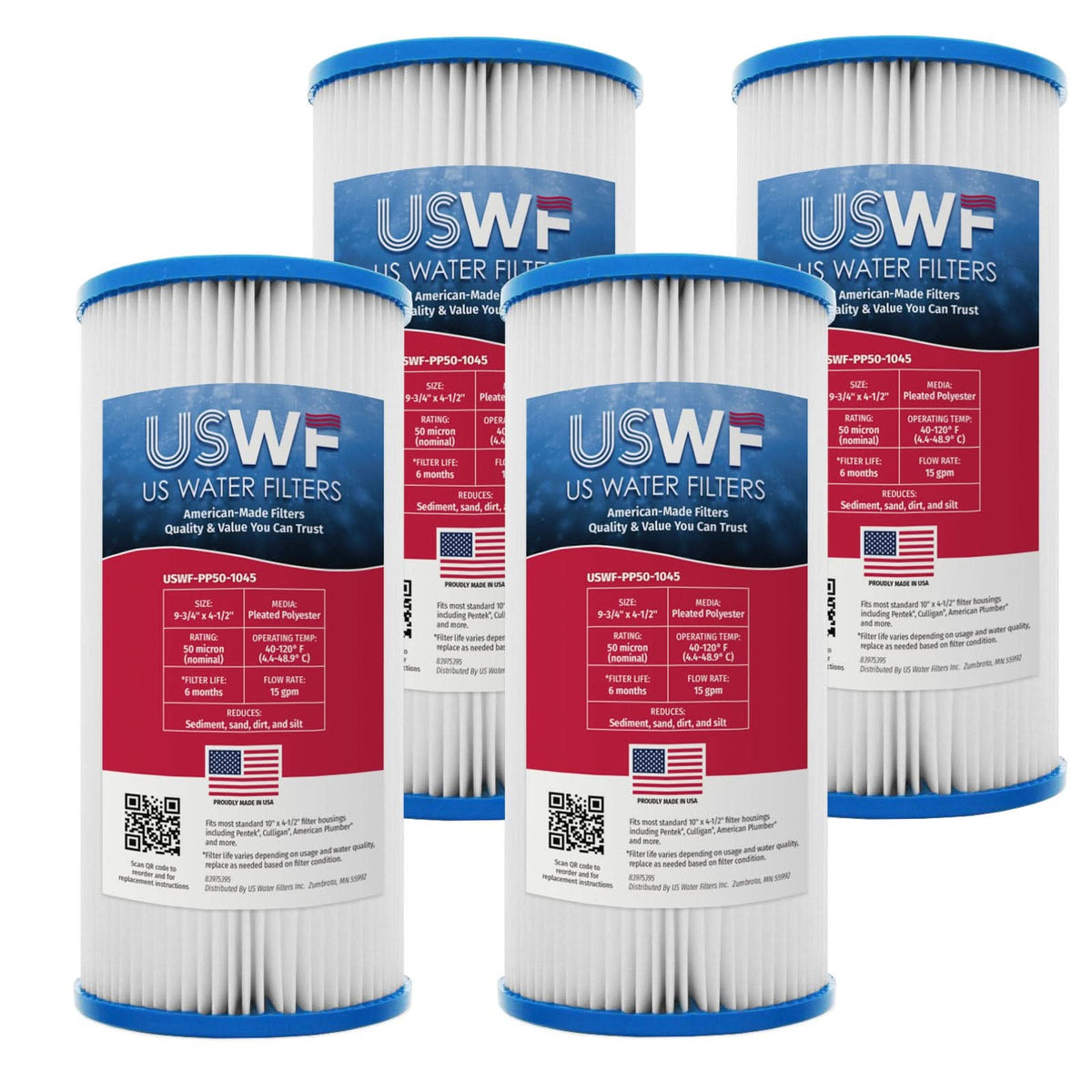 50 Micron Pleated Polyester Sediment Filter by USWF 10"x4.5" - WaterFilters.NET