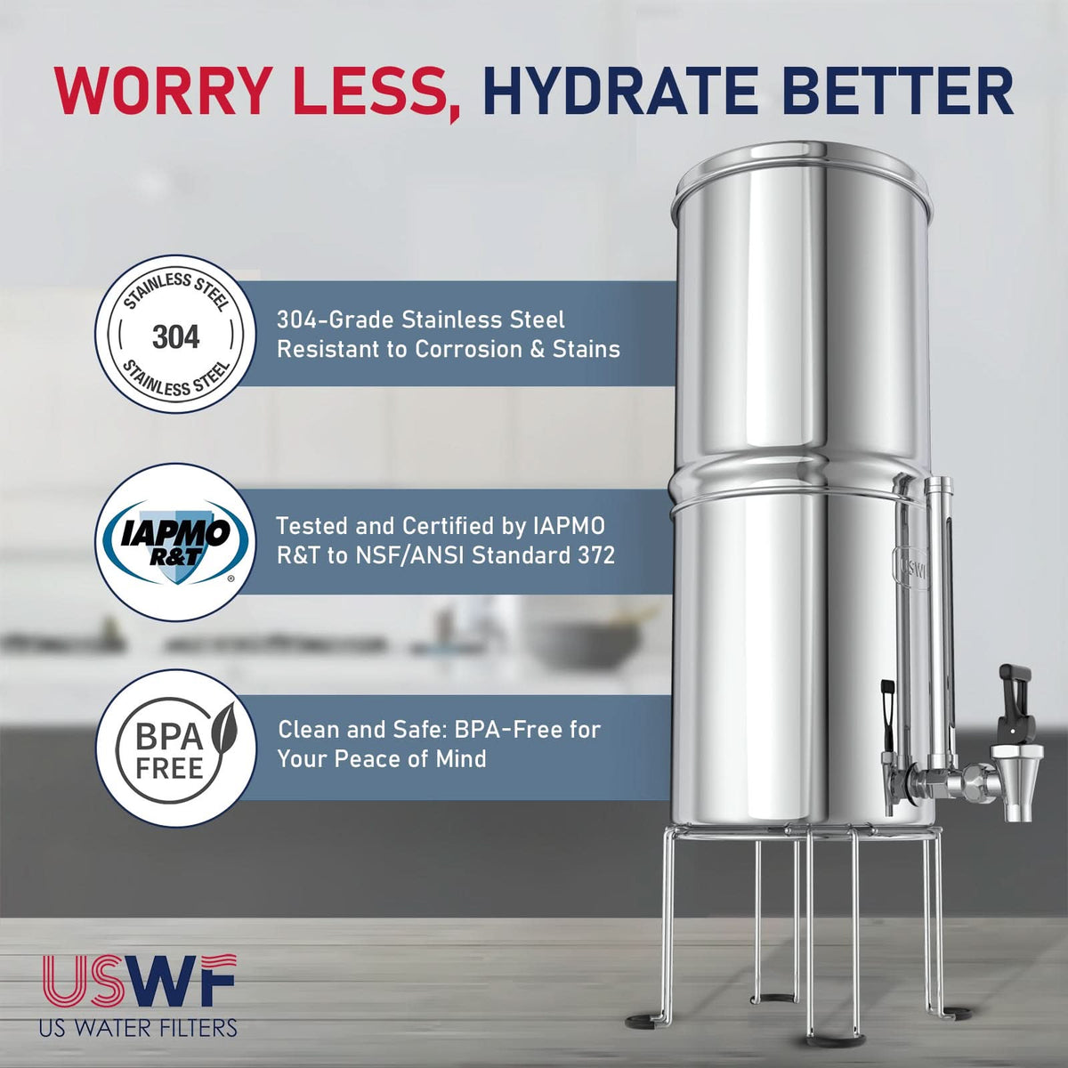 USWF 2.25 Gallon Stainless Steel Gravity Fed Filter System - WaterFilters.NET