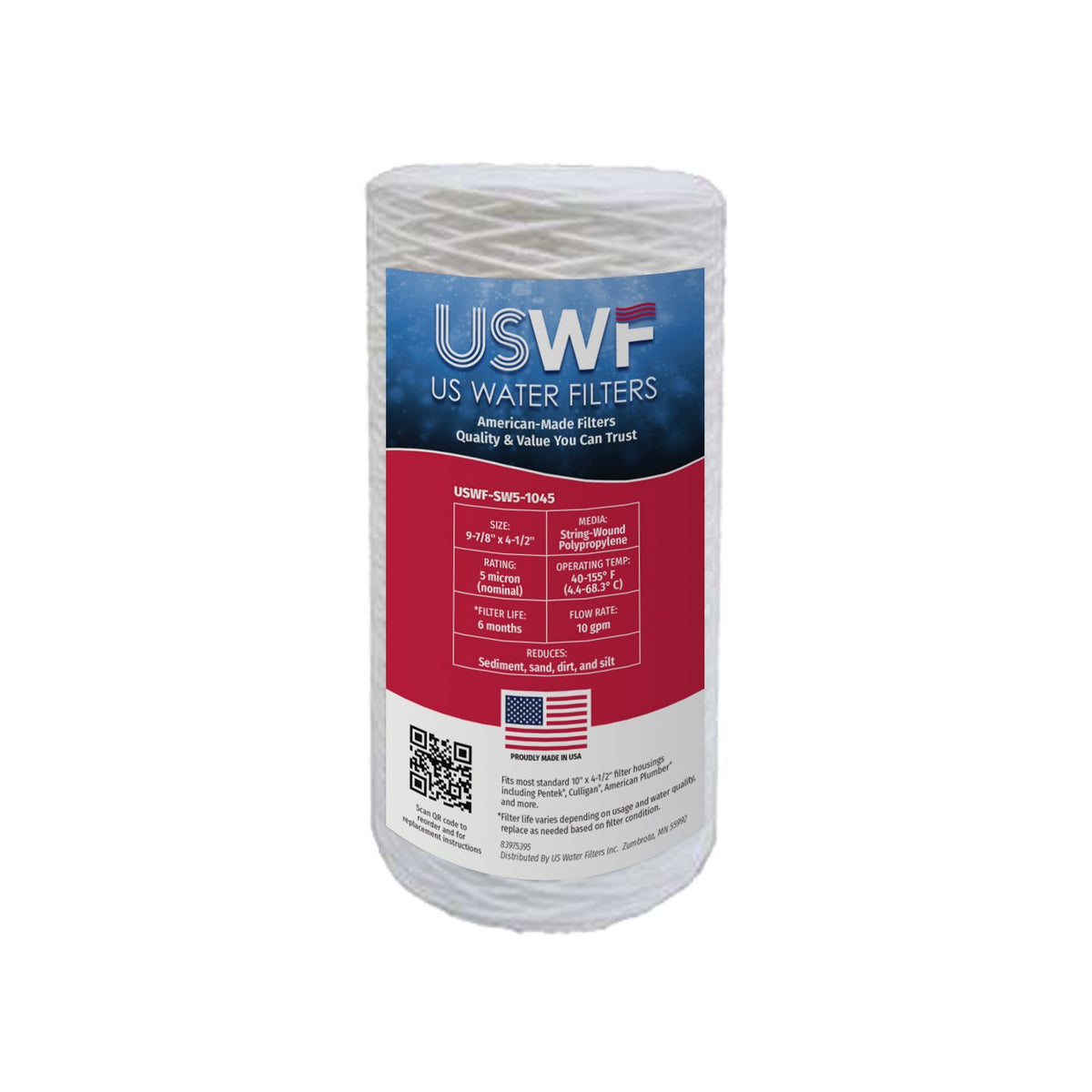 5 Micron String Wound Sediment Filter by USWF 10&quot;x4.5&quot;